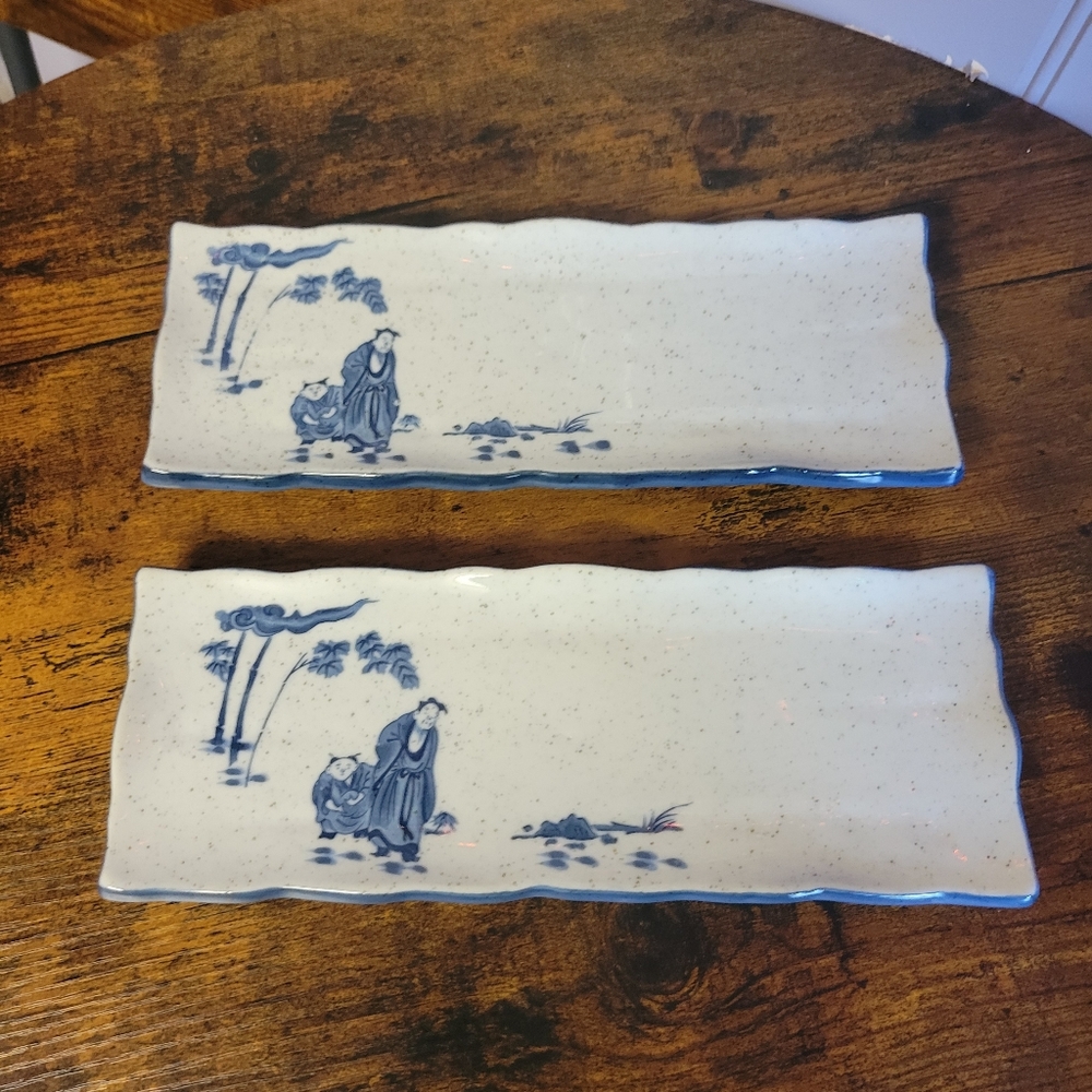 Vintage Asian porcelain lot of 2 sushi plates-blue/white